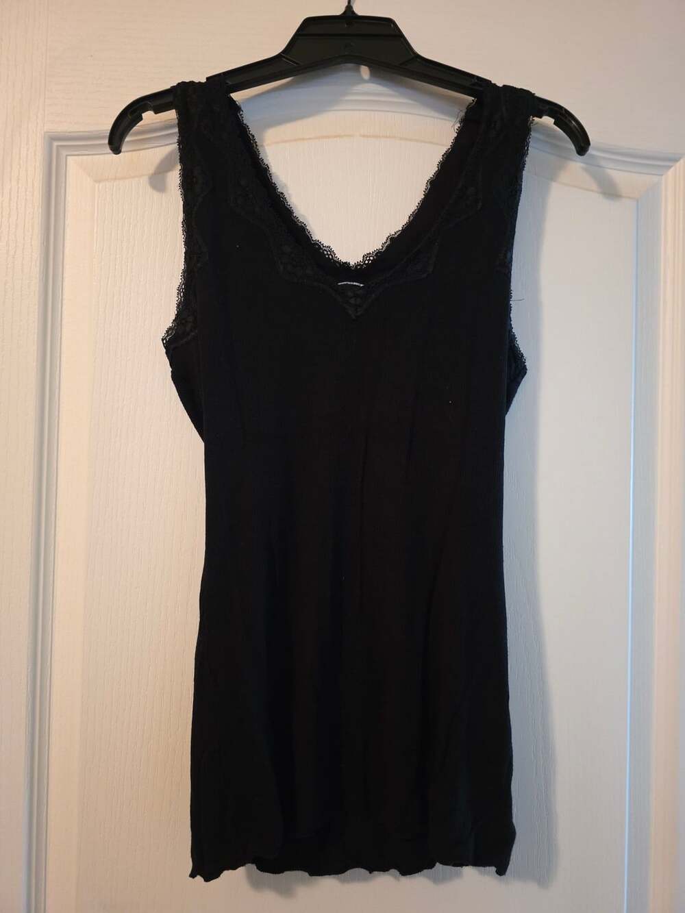 INC International Concepts Black Ribbed Tank Top with Lace Trim Size Large